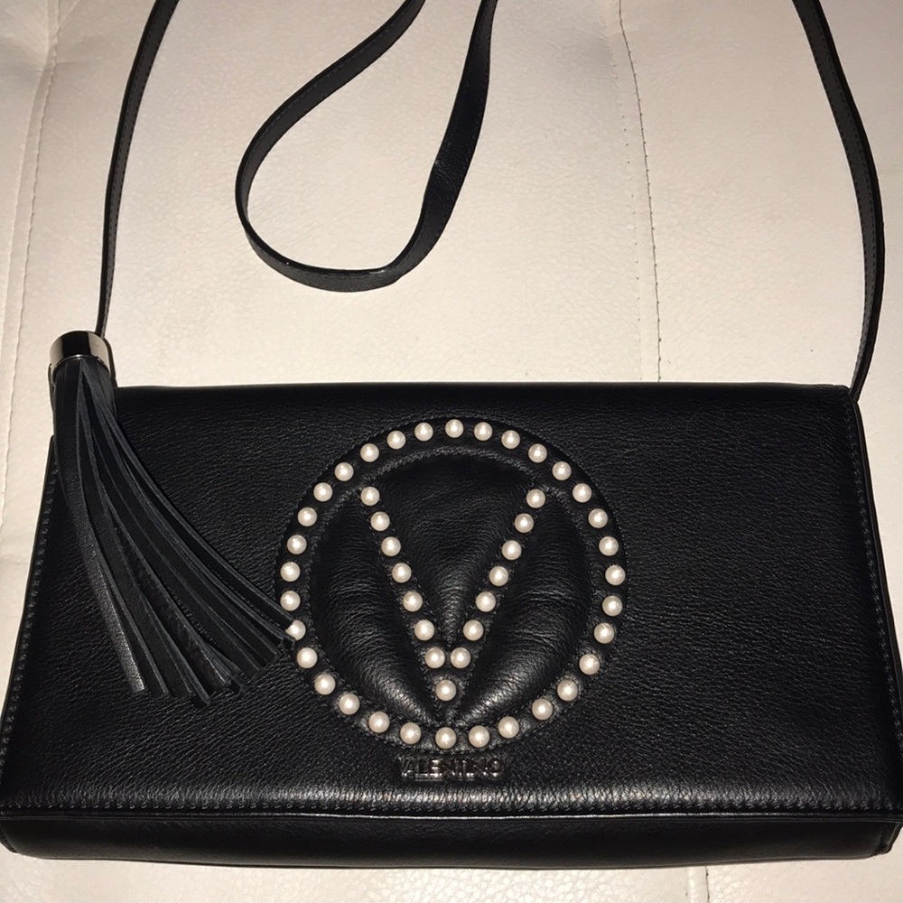 Pearl Studded Black Leather Valentino Shoulder Bag